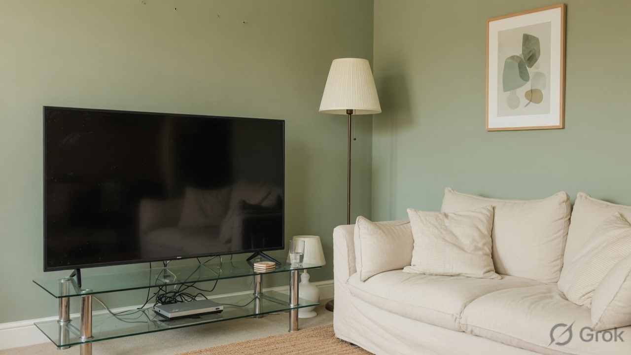 Living room television on a glass stand with sage walls