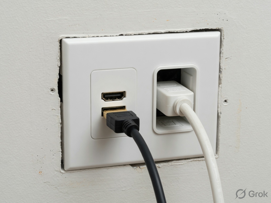 White recessed in-wall cable plate with HDMI and power openings in drywall