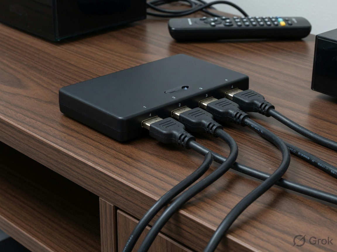 Black 4-port HDMI switch on a wood media console with HDMI cables connected